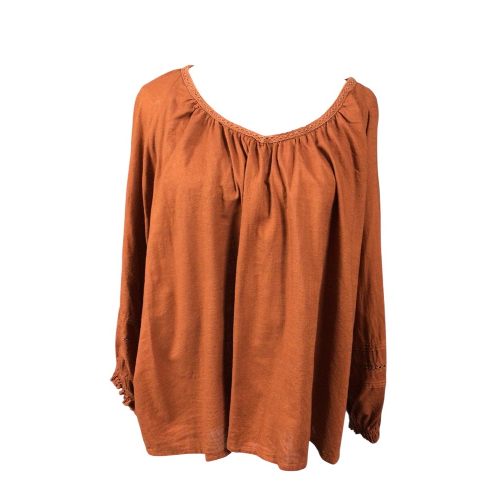 ana Rust Orange Peasant Blouse Long Sleeve Top Embroidered Details XL